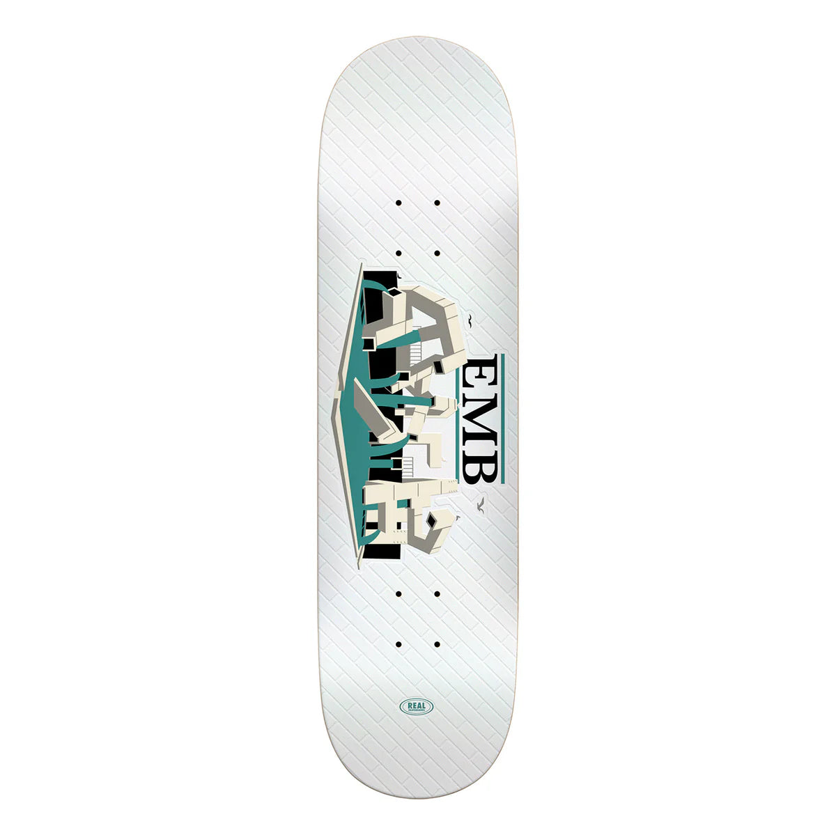 A white skateboard deck featuring a stylized graphic of a futuristic car and the text 'EMB' in black, with a small green circular logo near the bottom.