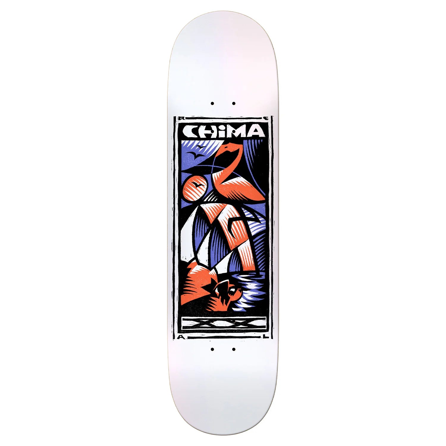 Skateboard deck with a colorful graphic design and 'Chima' branding on a white background