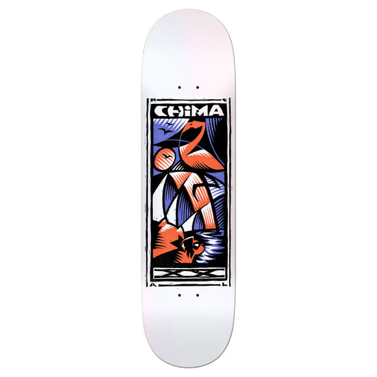 Skateboard deck with a colorful graphic design and 'Chima' branding on a white background