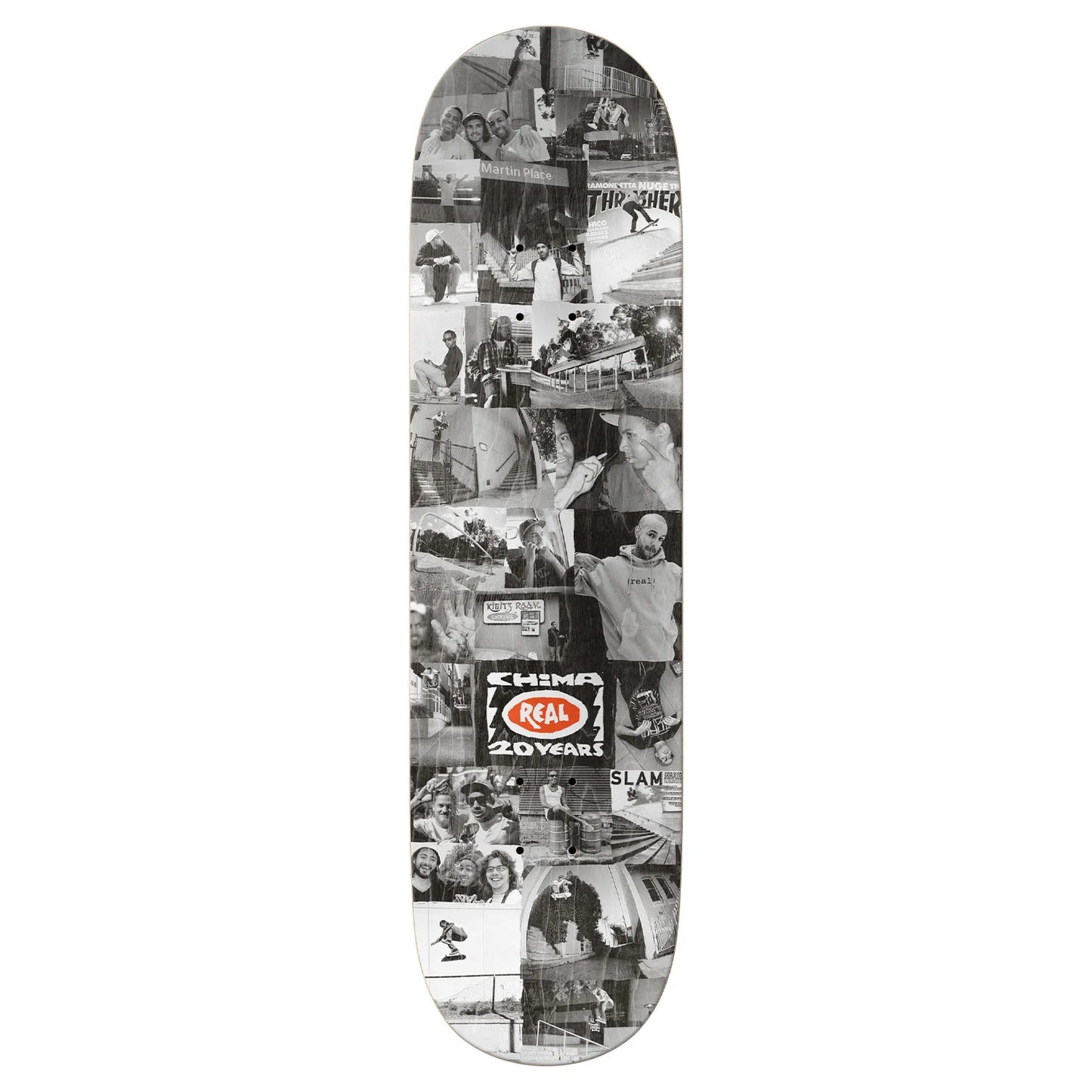 Skateboard deck with black and white collage design and visible branding on a white background