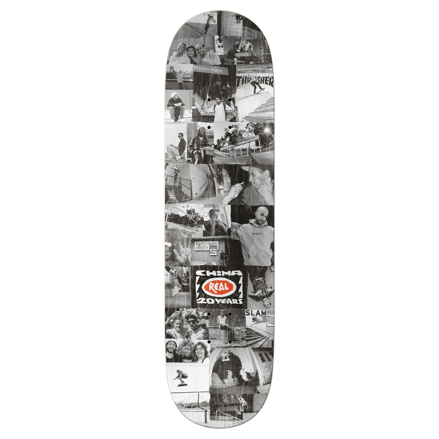 Skateboard deck with black and white collage design and visible branding on a white background