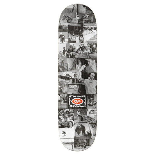 Skateboard deck with black and white collage design and visible branding on a white background