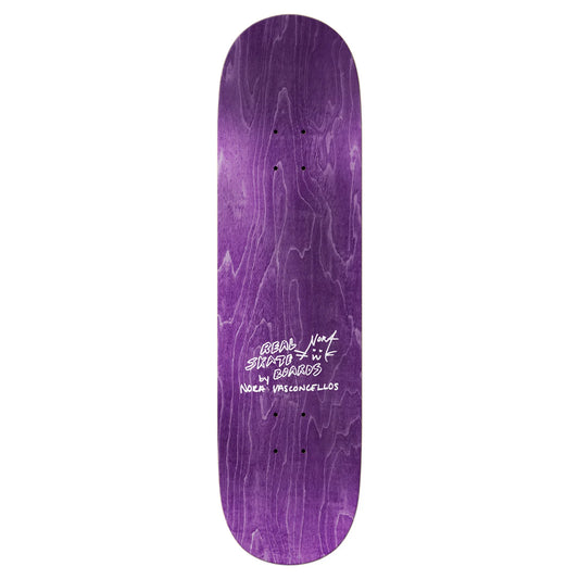 Purple skateboard deck with white text on a white background