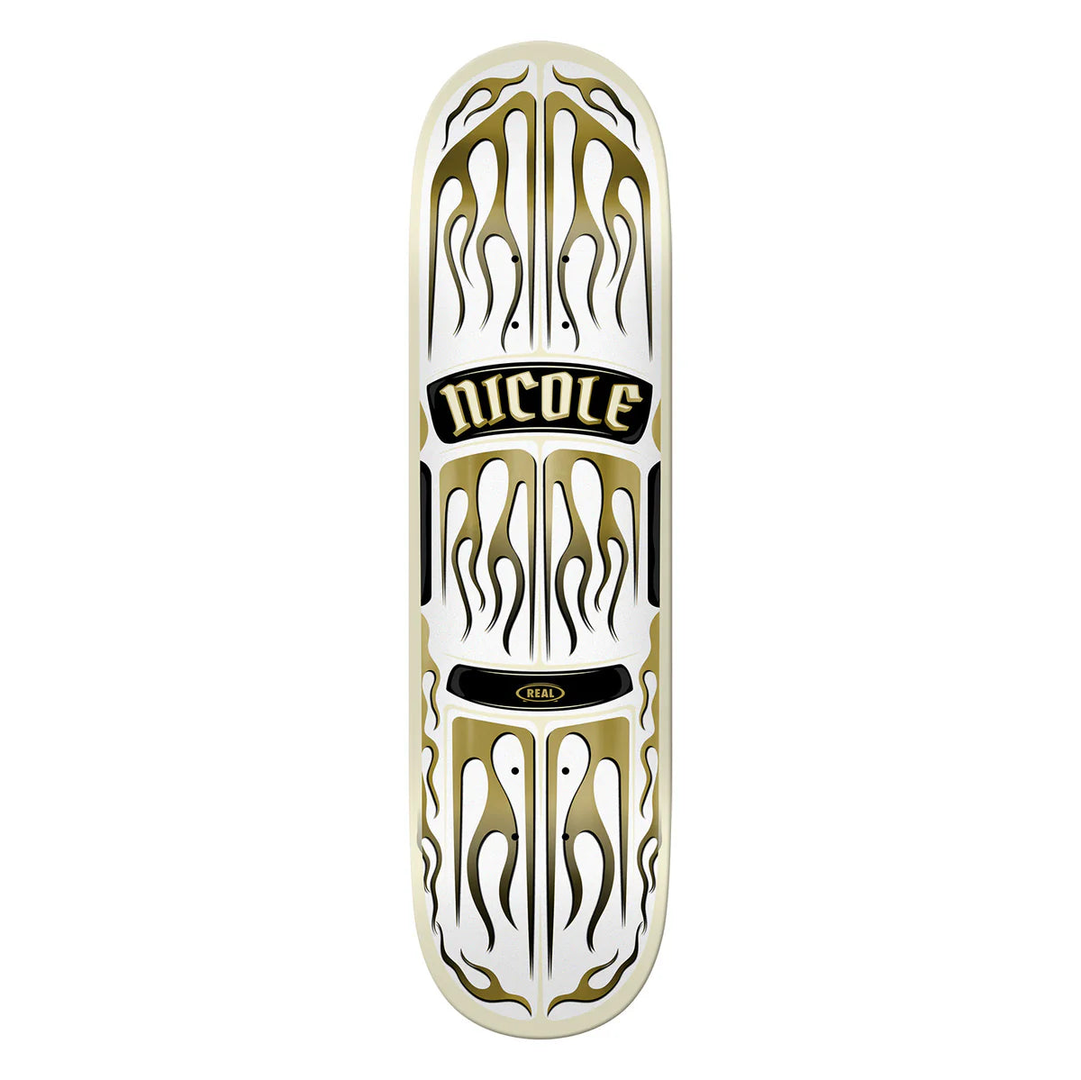 Skateboard deck with gold and black designs on a white background