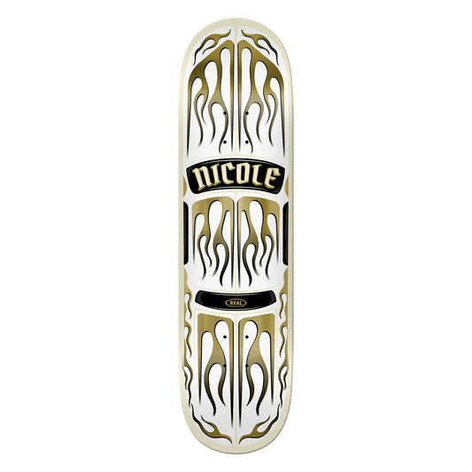Skateboard deck with gold and black designs on a white background