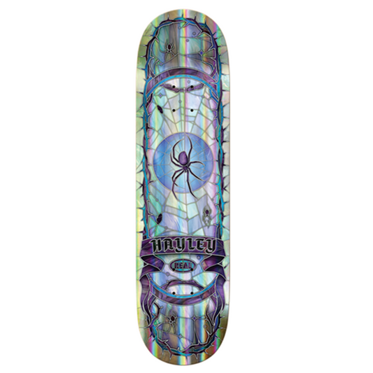 Skateboard deck with colorful design and 'Hayley' branding on a white background
