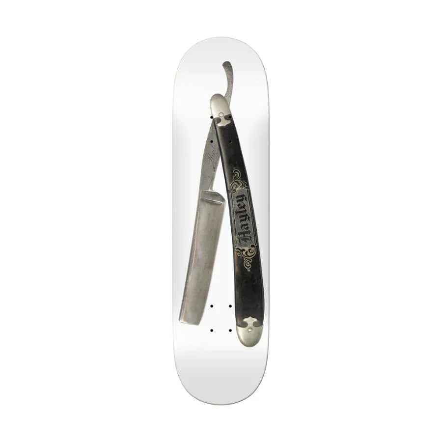 Straight razor with black handle on a white background