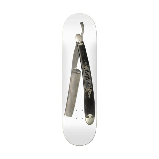 Straight razor with black handle on a white background