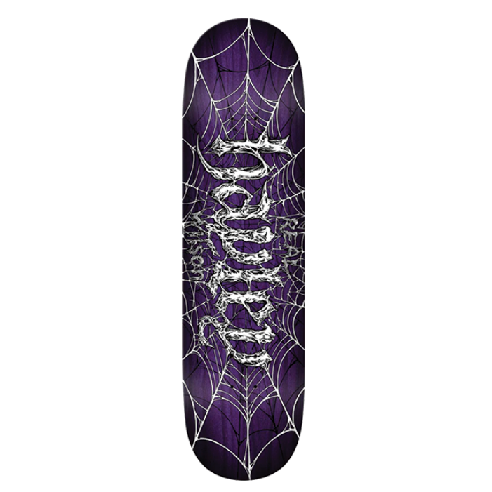 Skateboard deck with spider web design and 'hayley wilson' text on a white background