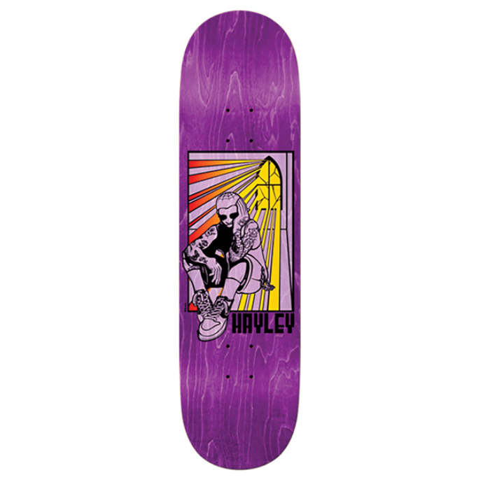 Purple skateboard deck with a colorful graphic design on a white background