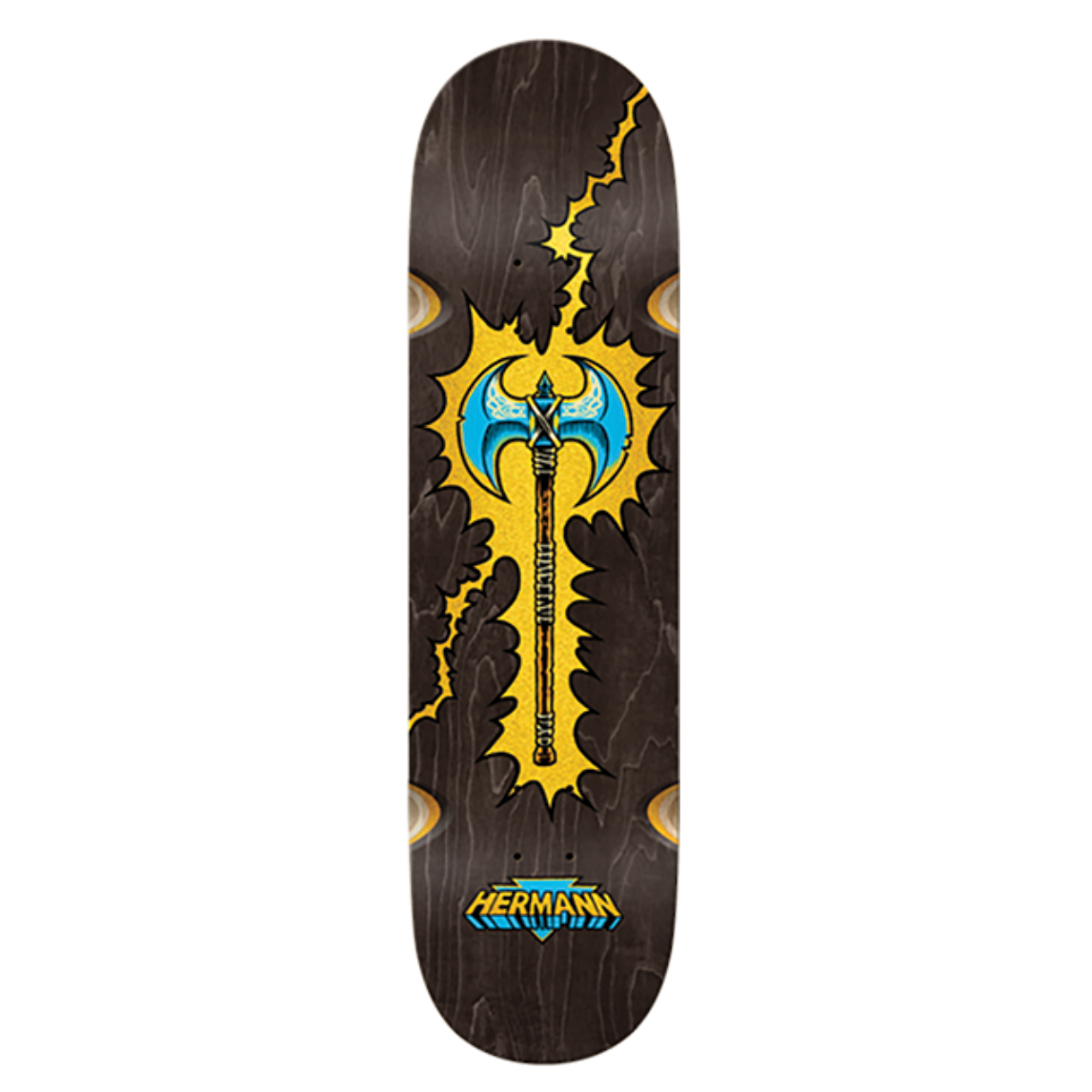 Skateboard deck with a black and yellow design on a white background