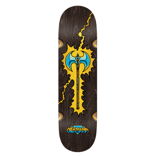 Skateboard deck with a black and yellow design on a white background