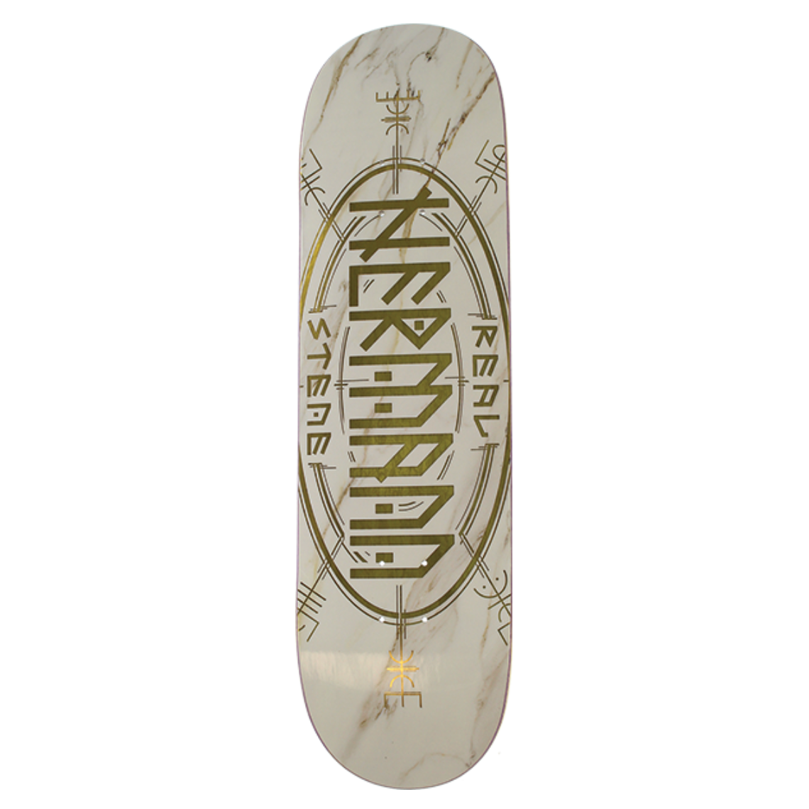 Skateboard deck with a logo on a white background