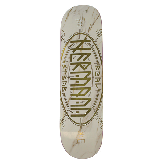 Skateboard deck with a logo on a white background