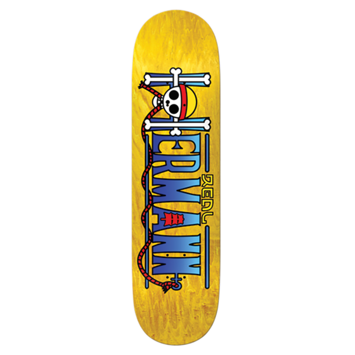 Skateboard deck with colorful design on a white background