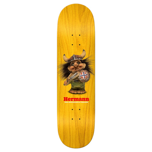 Skateboard deck with a cartoon character holding a British flag on a yellow background