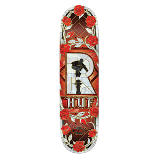 Skateboard deck with floral design and 'HUF' branding on a white background