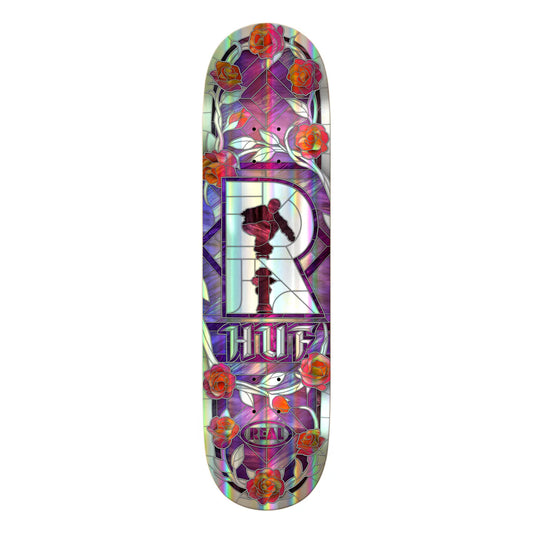 Colorful skateboard deck with floral patterns and a prominent 'HUF' logo on a white background