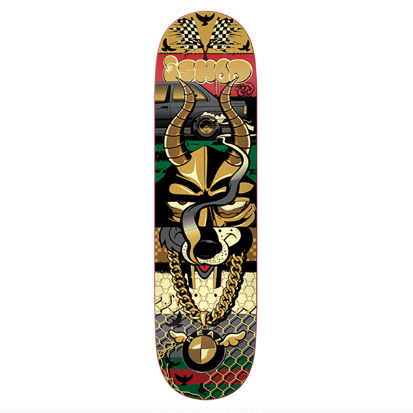 Skateboard deck with a colorful design on a white background