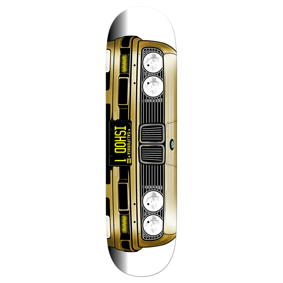 Skateboard deck with car grille design and 'Ishod' branding on a white background