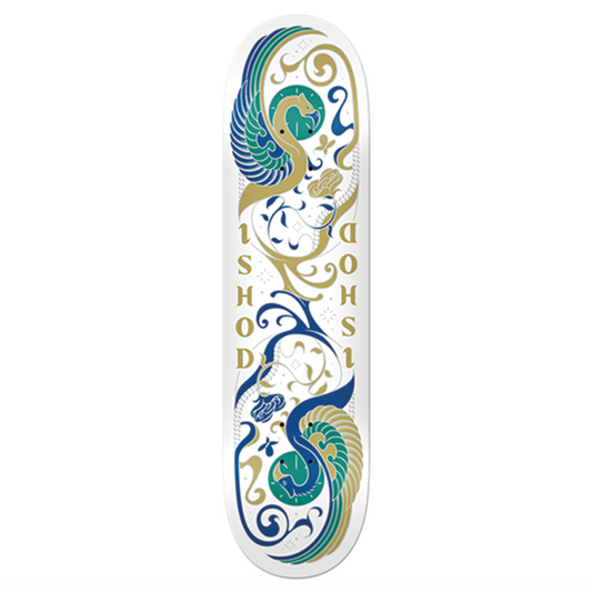 Skateboard deck with decorative design on a white background