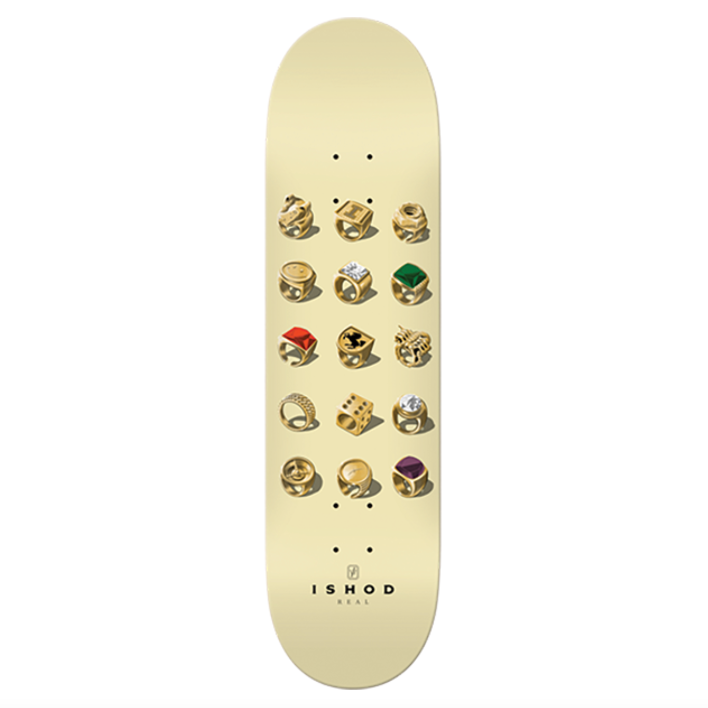 Skateboard deck with decorative elements on a white background