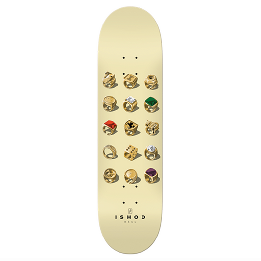 Skateboard deck with decorative elements on a white background