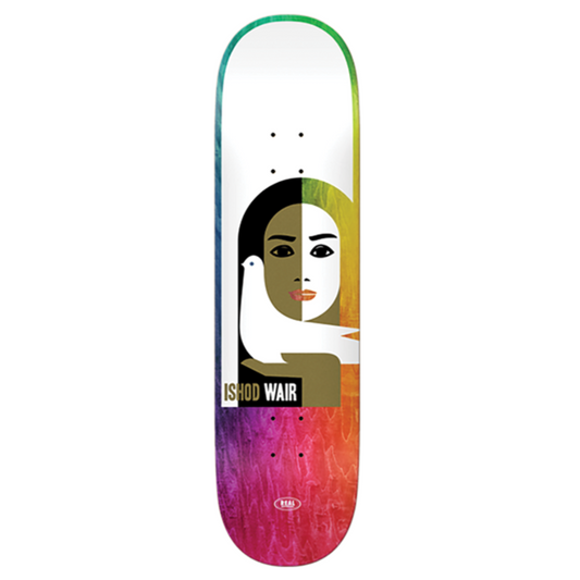 Skateboard deck with a colorful design of a face and the brand 'Ishod Wair' on a white background.