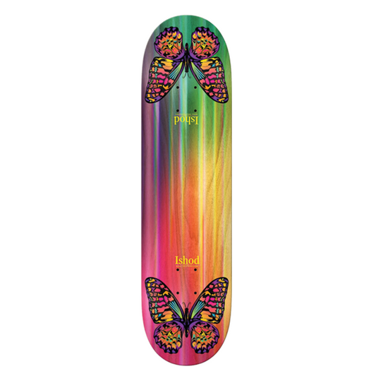 Colorful skateboard deck with butterfly design and 'Ishod' branding on a white background