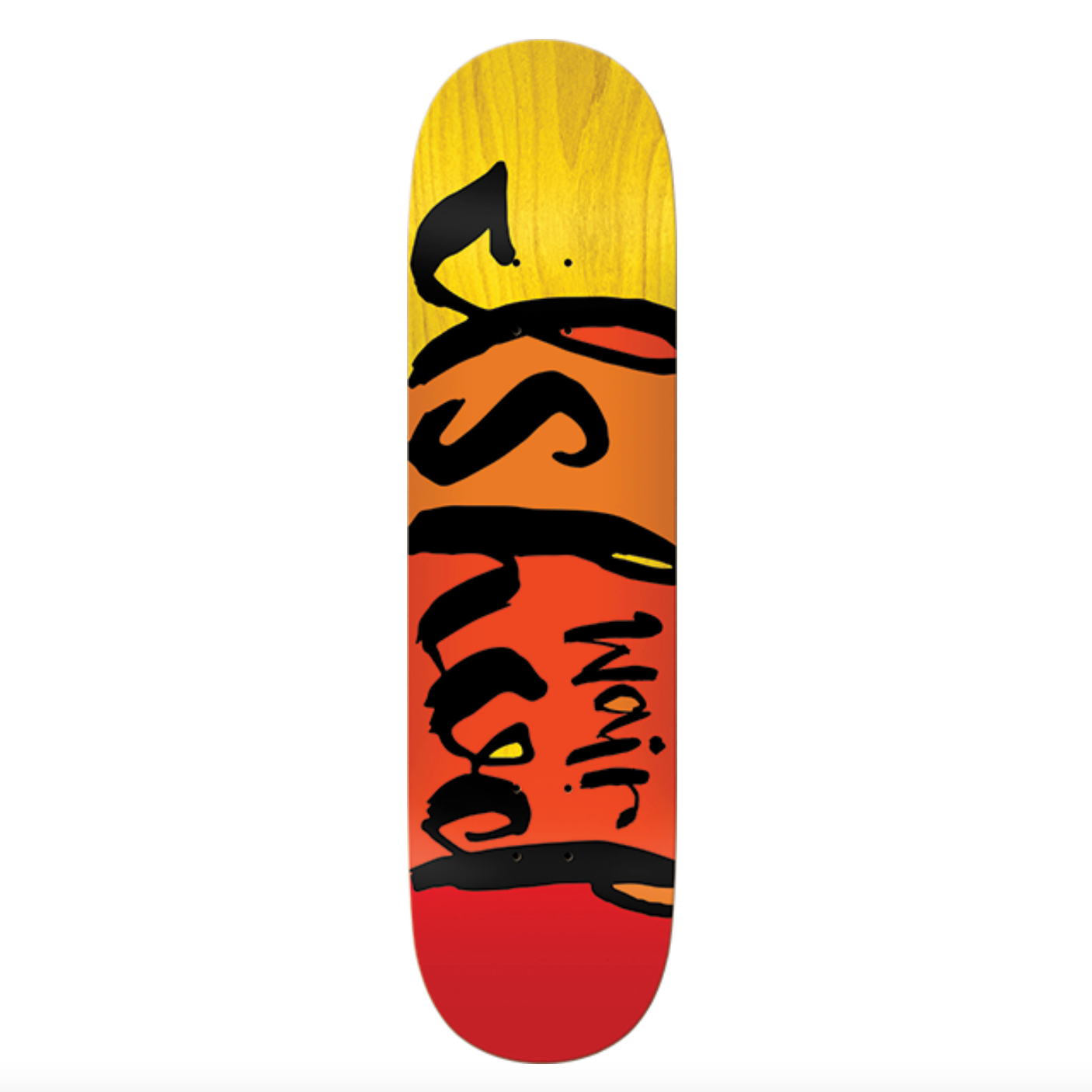 Skateboard deck with a yellow, orange, and red design on a white background