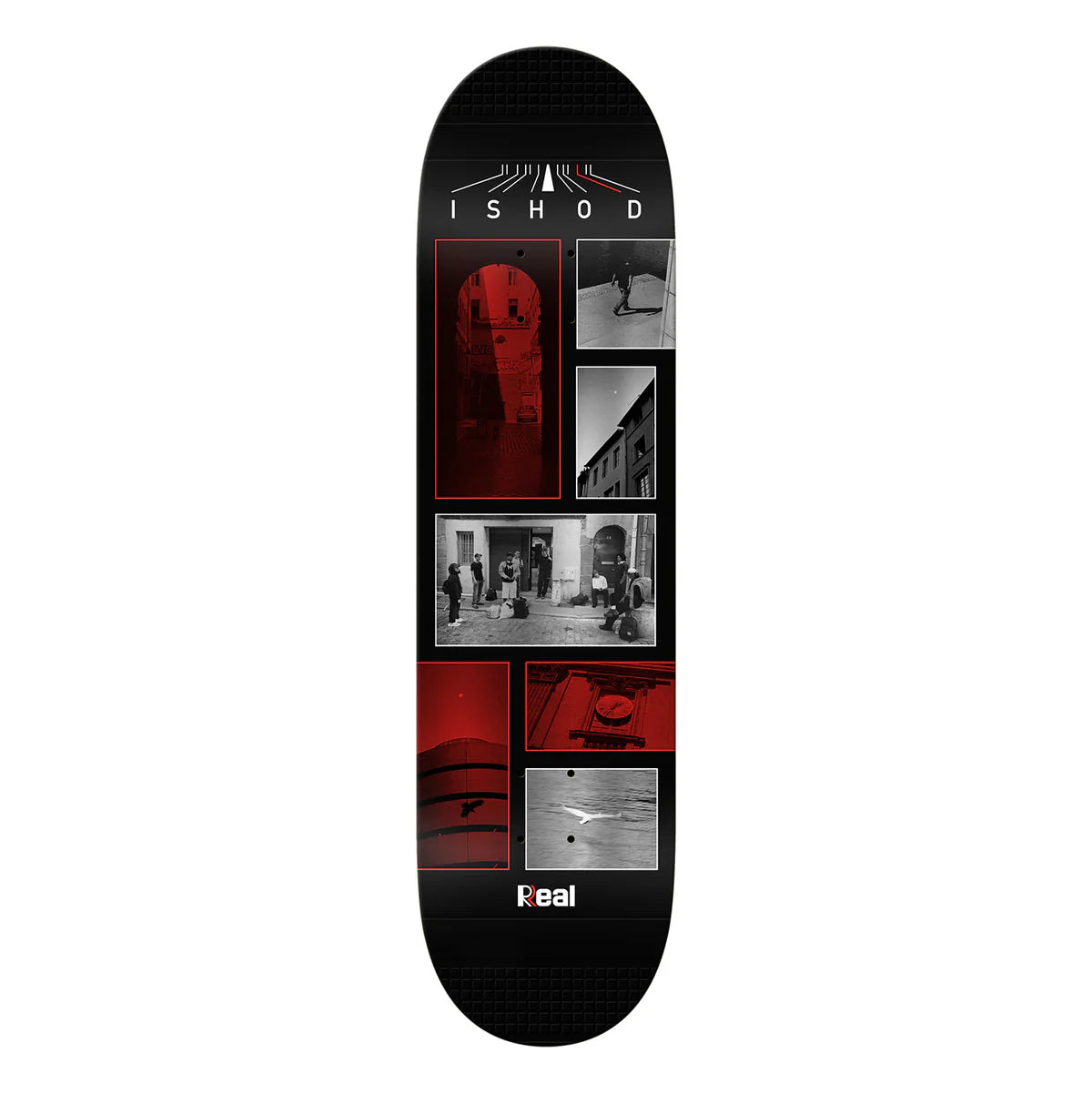 Skateboard deck with black, red, and white design on a white background