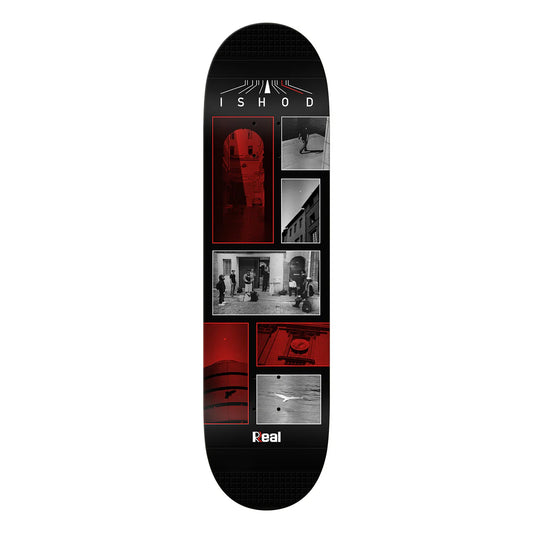 Skateboard deck with black, red, and white design on a white background
