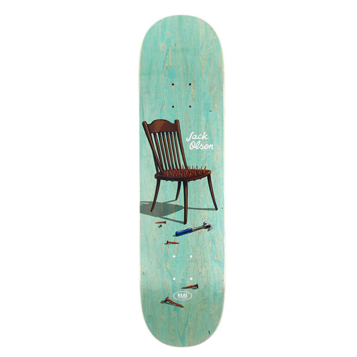 Skateboard deck with a chair graphic on a light blue background