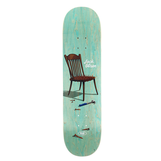 Skateboard deck with a chair graphic on a light blue background