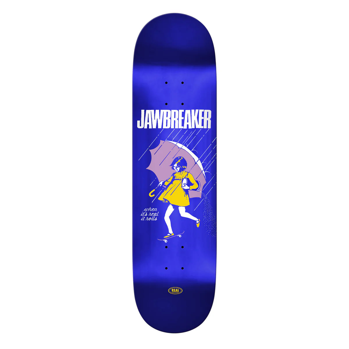 Skateboard deck with 'Jawbreaker' branding and a graphic of a person in a yellow dress holding an umbrella on a blue background.