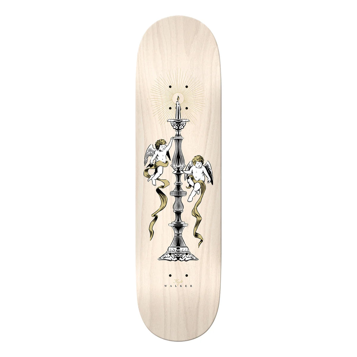 Skateboard deck with decorative design of cherubs and a candelabra on a white background