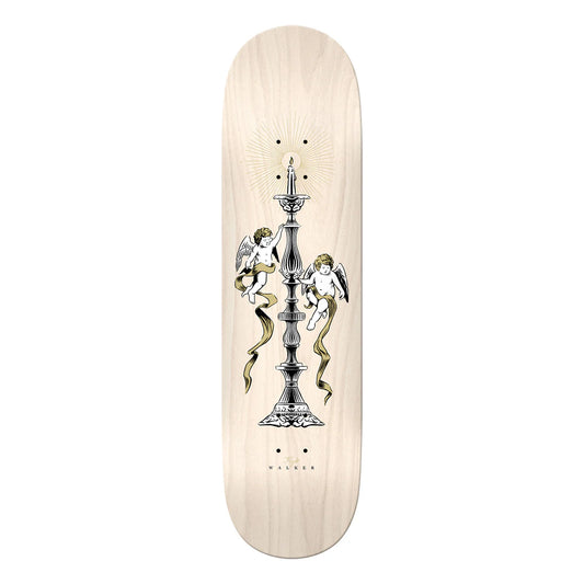 Skateboard deck with decorative design of cherubs and a candelabra on a white background