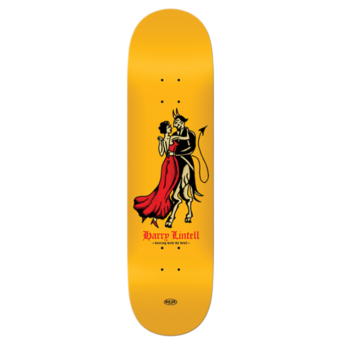 Skateboard deck with a graphic design on a yellow background