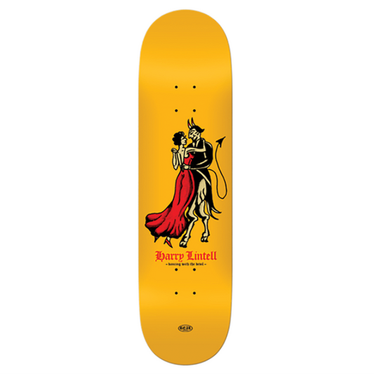 Skateboard deck with a graphic design on a yellow background