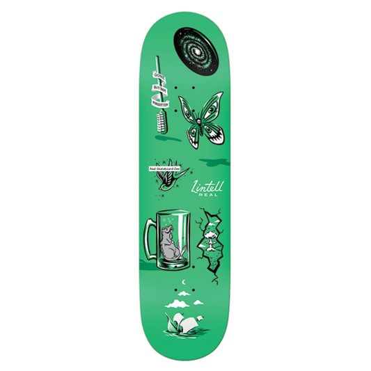 Green skateboard deck with illustrations on a white background
