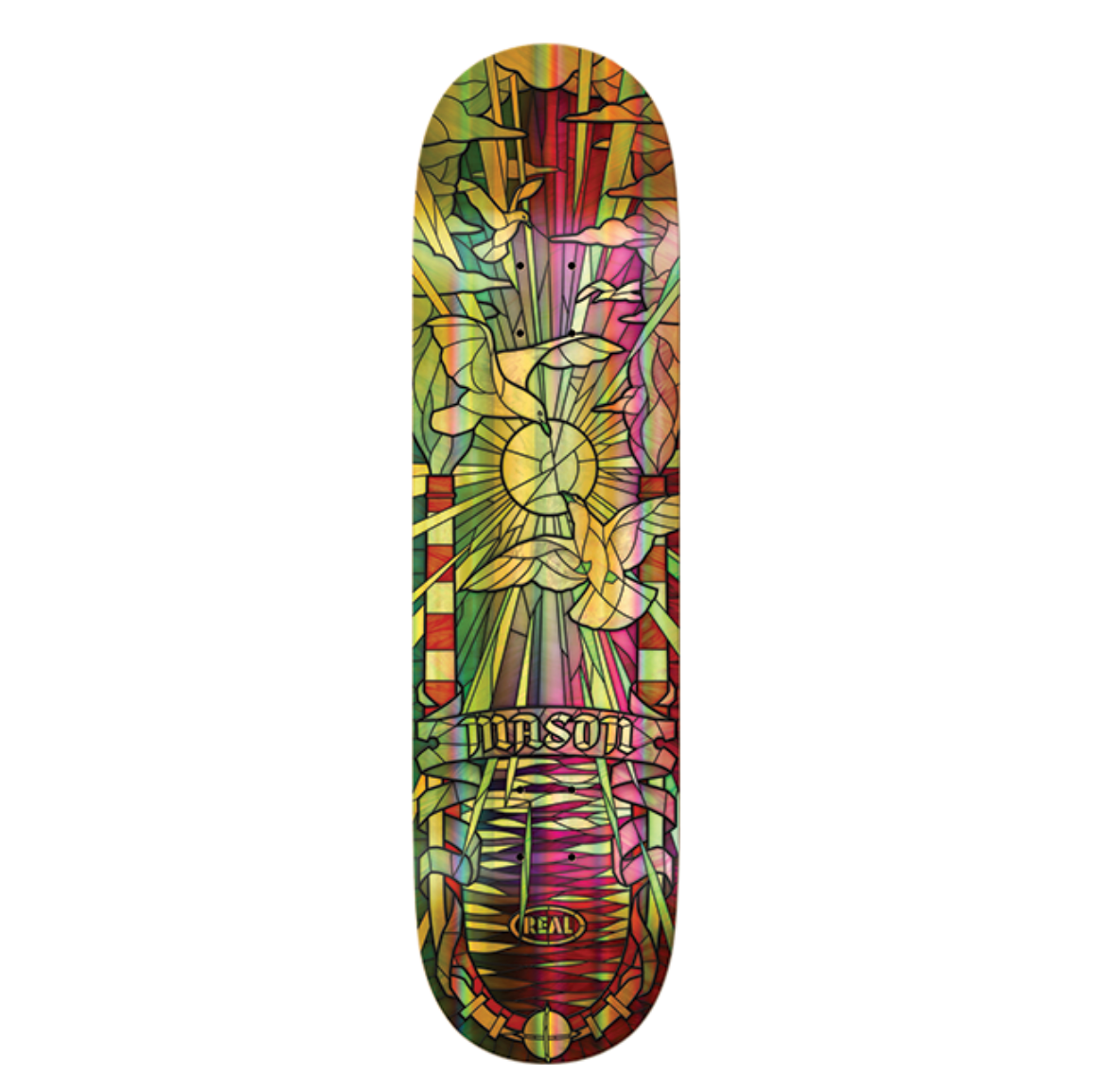Colorful skateboard deck with a geometric pattern on a white background