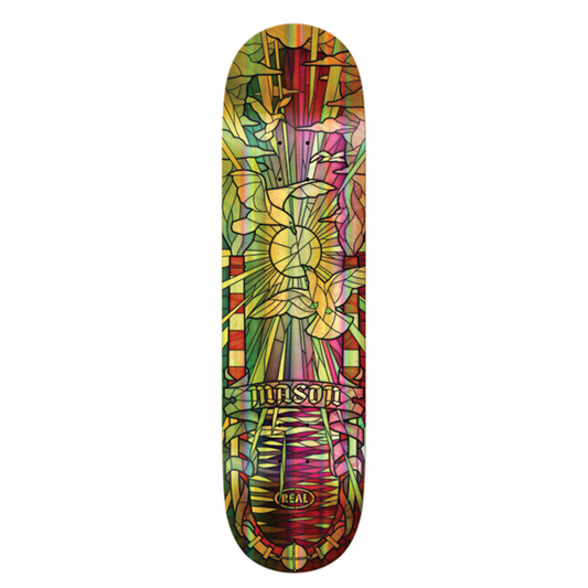 Colorful skateboard deck with a geometric pattern on a white background