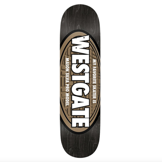 Skateboard deck with Westgate branding on a white background