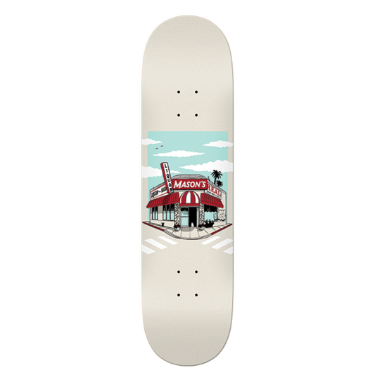 Skateboard deck with a printed design on a white background
