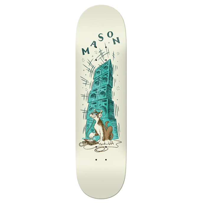 Skateboard deck with a design of a cat and a building, branded 'Mason', on a white background.