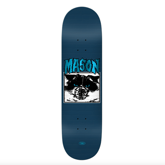 Blue skateboard deck with 'Mason' branding and a graphic design on a white background