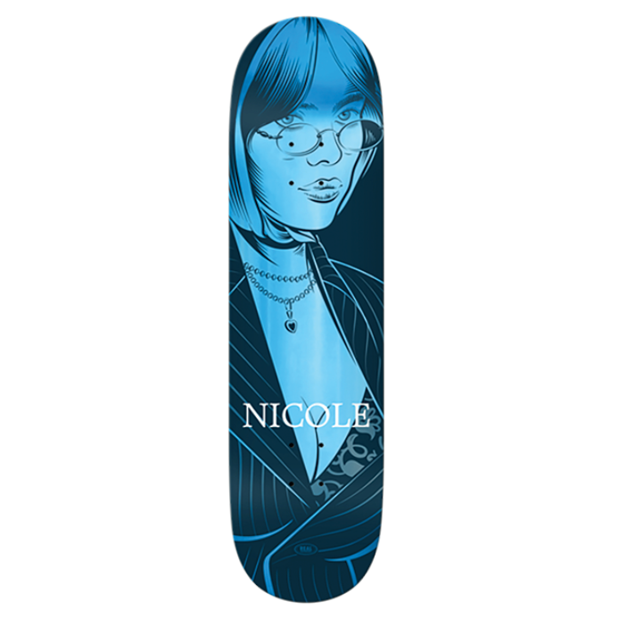 Skateboard deck with a blue graphic of a person and the name 'NICOLE' on a white background