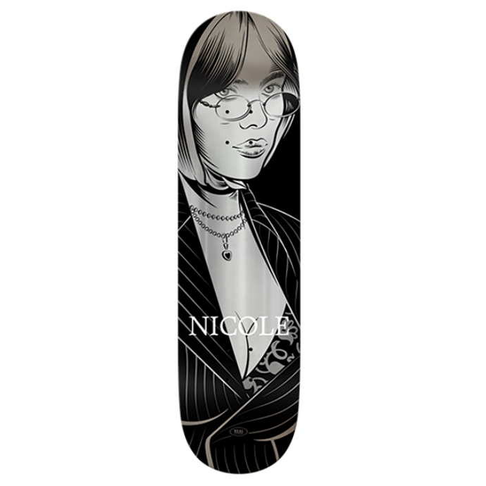 Skateboard deck with a graphic of a person wearing glasses and the name 'NICOLE' on a white background