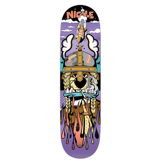 Skateboard deck with colorful design and 'Nicole' branding on a white background