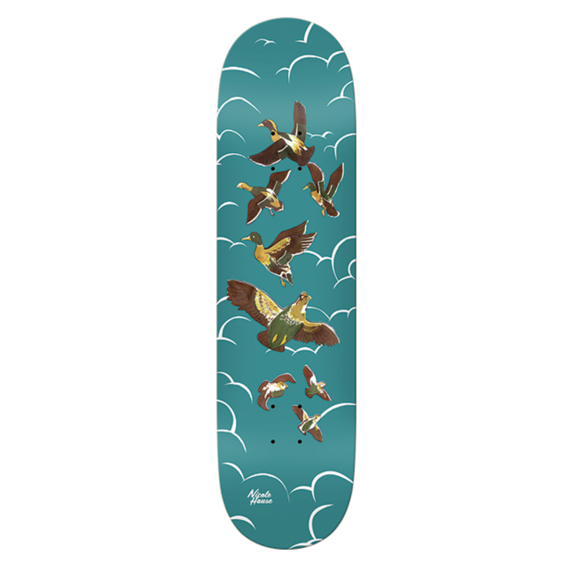 Skateboard deck with bird design on a teal background